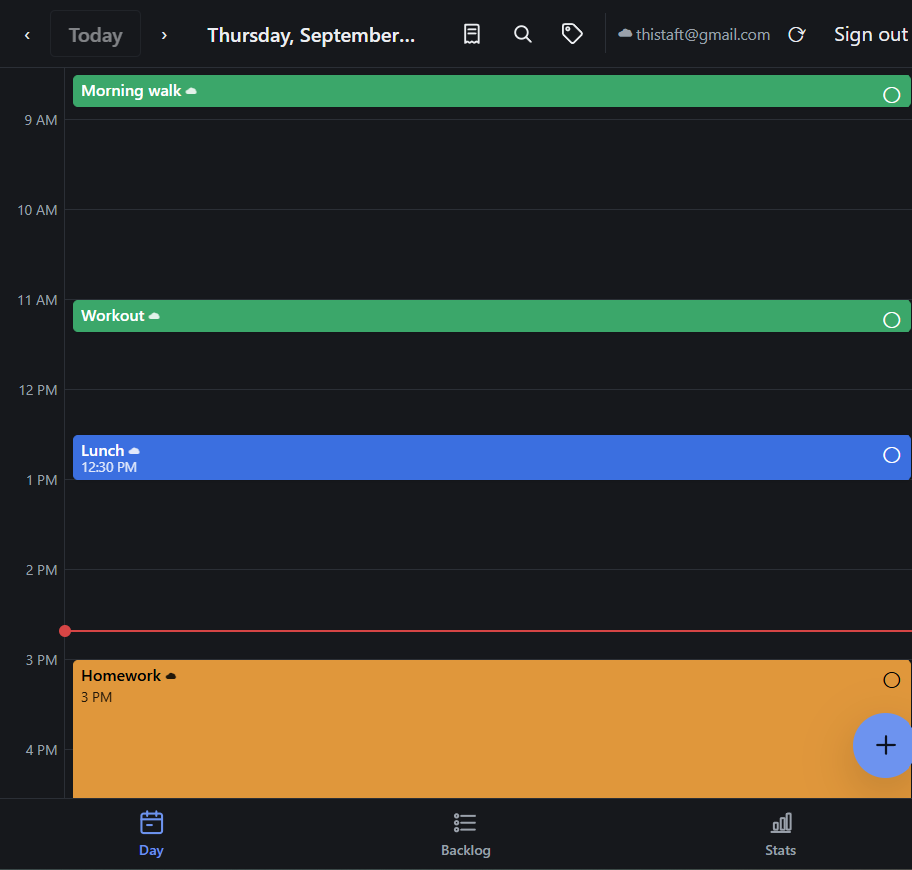 Day Intent day view showing an hour-grid schedule with color-coded tasks