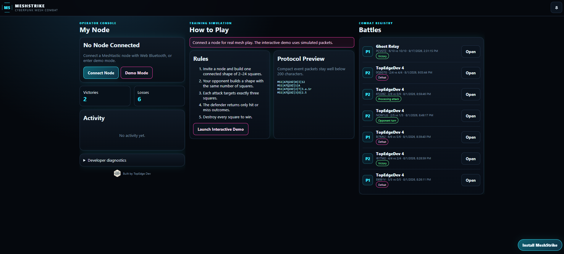MeshStrike operator console with node connection, victories/losses, and battle registry