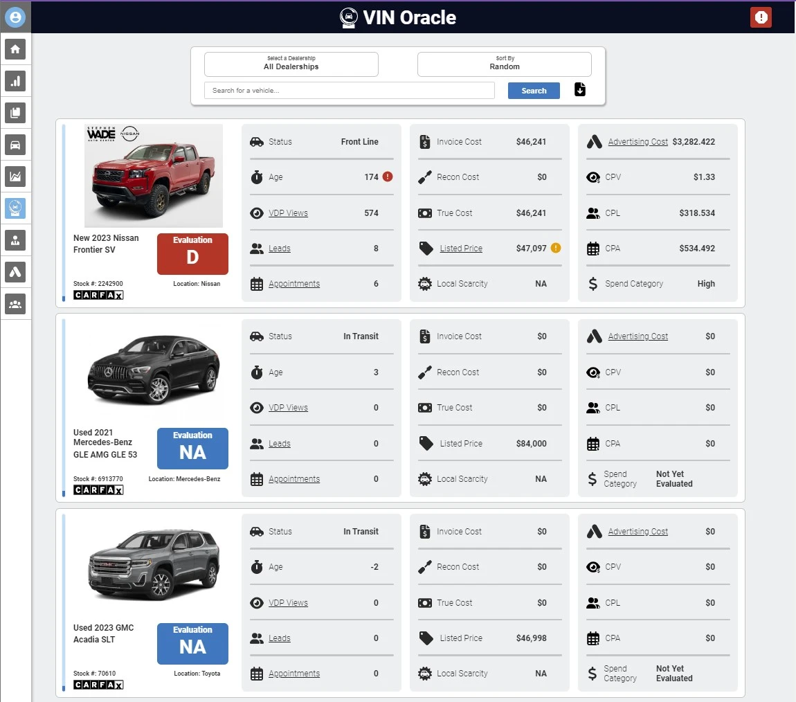 Web page displayin information on different car dealerships